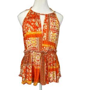 Rachel Zoe Orange Boho Halter top Floral Geometric Design Womens Size Small